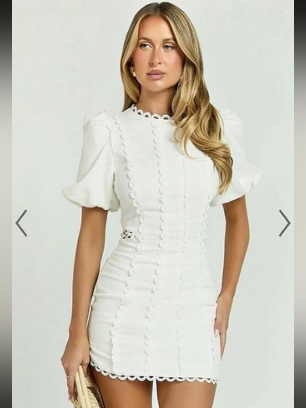 Showpo Laila High Neck Side Cut Out Puff Off White Graduation Dress US 2 NWT